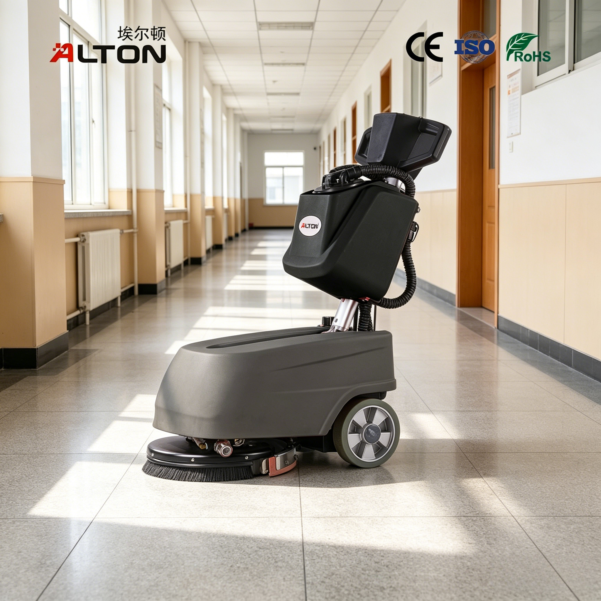 ALTON A1B Mini Floor Scrubber Dryer Battery Powered Automatic Floor Washing Machine, Walk Behind Carpet Scrubber with Vacuum for Small Commercial Areas